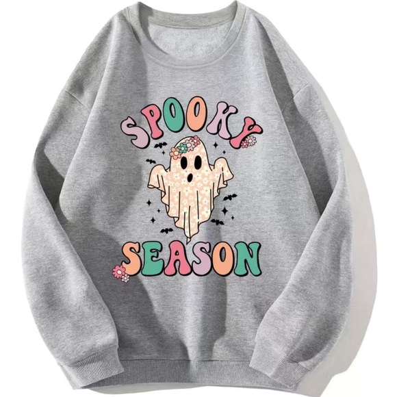 Sweaters - Retro Ghost Halloween Crewneck Pullover Sweater in Light Grey